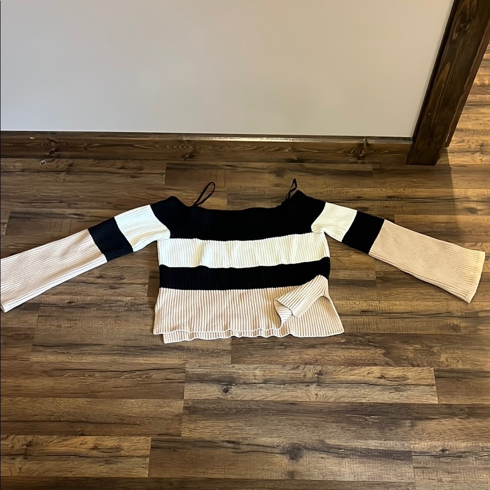 Black and Cream Striped Off-Shoulder Sweater